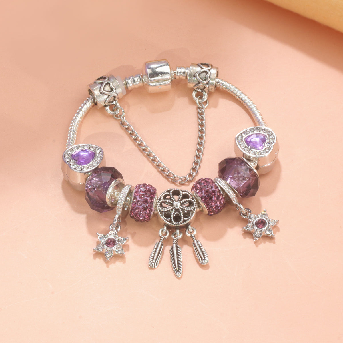 Purple Crystal Beaded Charm Bracelet with Star & Dreamcatcher Pendant, Rhinestone-Embedded DIY Alloy Bracelet(20cm)