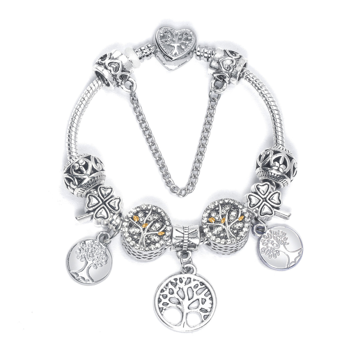 Vintage Silver Tree of Life CZ Four - Leaf Clover Charm Bead DIY Bracelet, Retro Style(17cm)