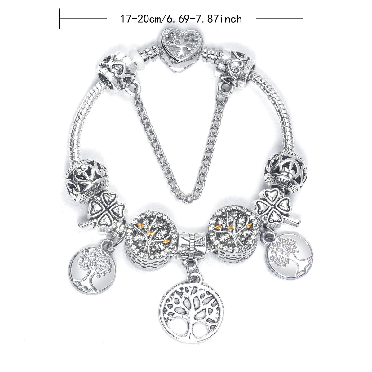 Vintage Silver Tree of Life CZ Four - Leaf Clover Charm Bead DIY Bracelet, Retro Style(17cm)