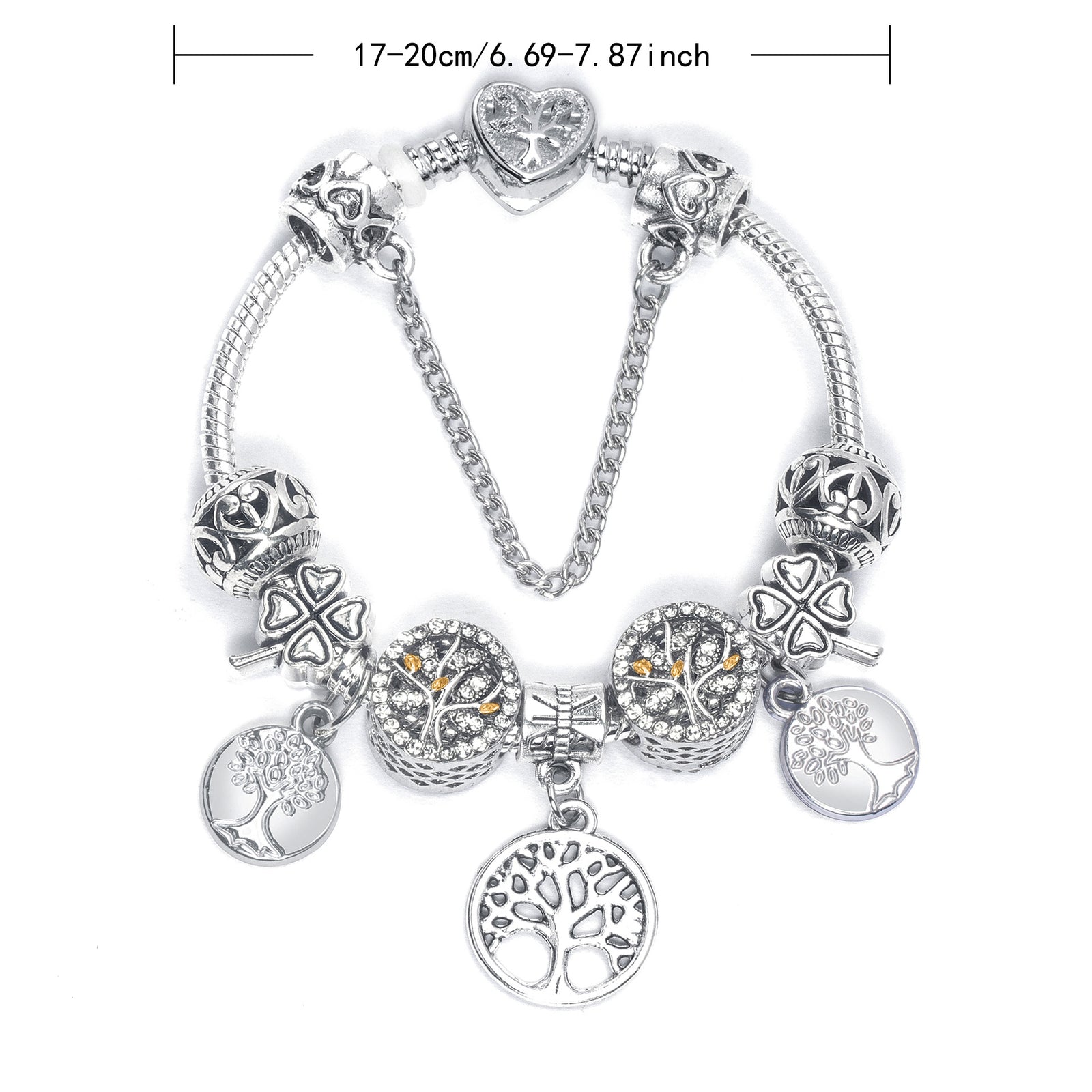 Vintage Silver Tree of Life CZ Four - Leaf Clover Charm Bead DIY Bracelet, Retro Style(17cm)
