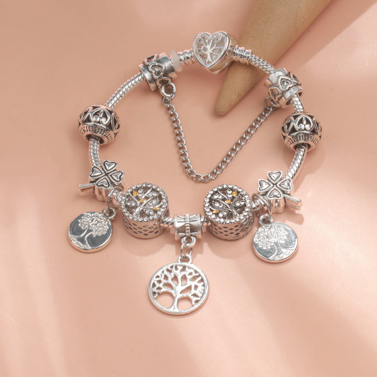 Vintage Silver Tree of Life CZ Four - Leaf Clover Charm Bead DIY Bracelet, Retro Style(18cm)