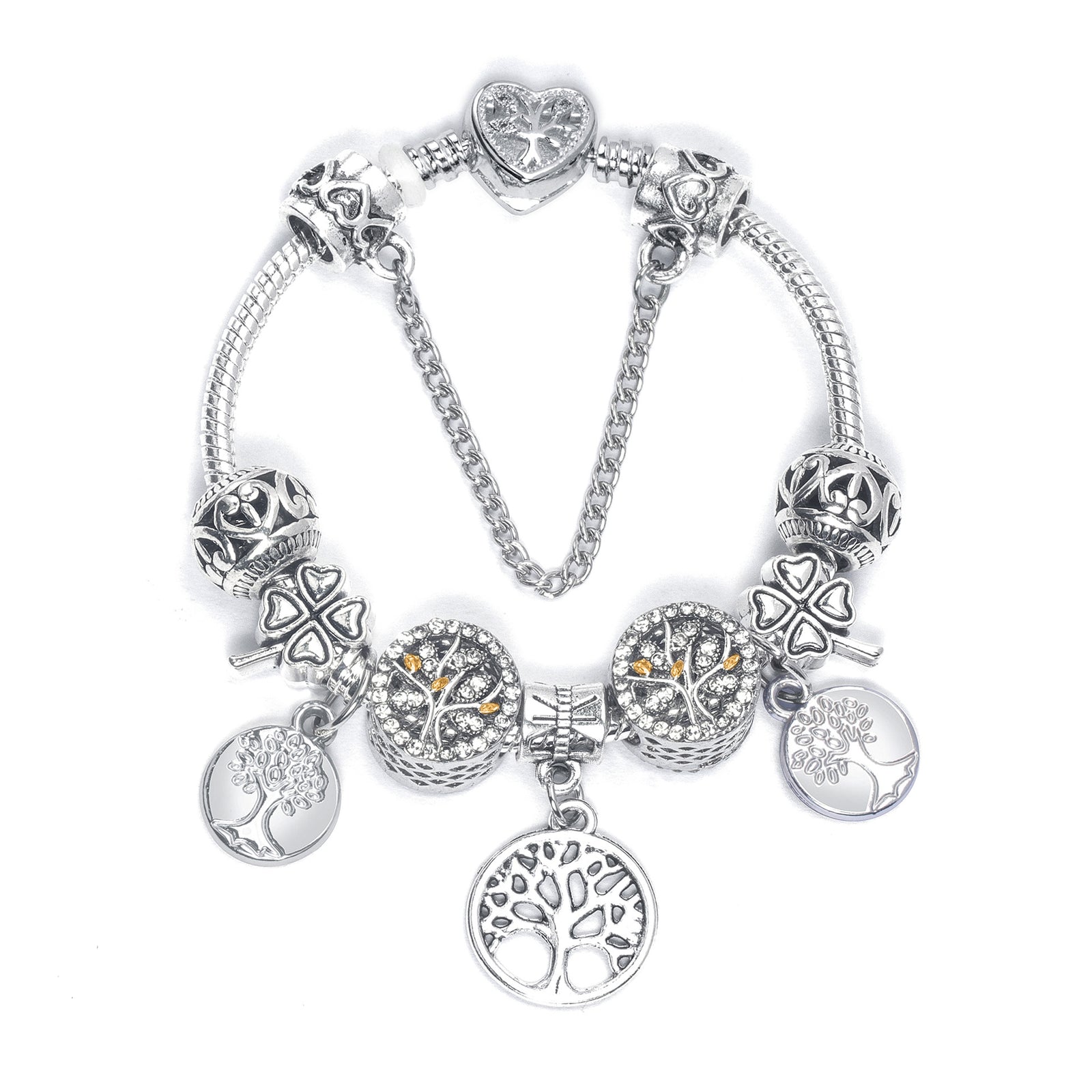 Vintage Silver Tree of Life CZ Four - Leaf Clover Charm Bead DIY Bracelet, Retro Style(19cm)