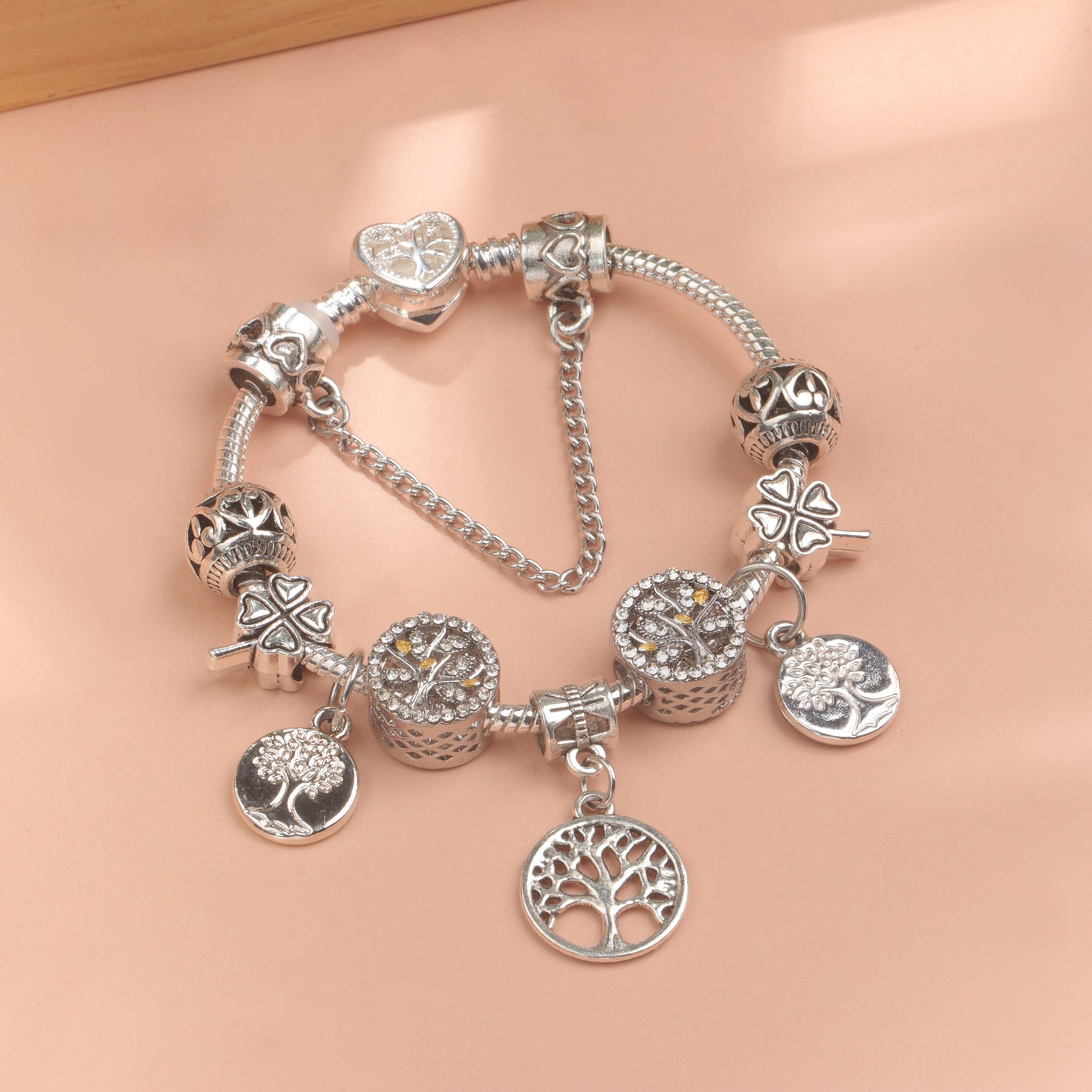 Vintage Silver Tree of Life CZ Four - Leaf Clover Charm Bead DIY Bracelet, Retro Style(19cm)