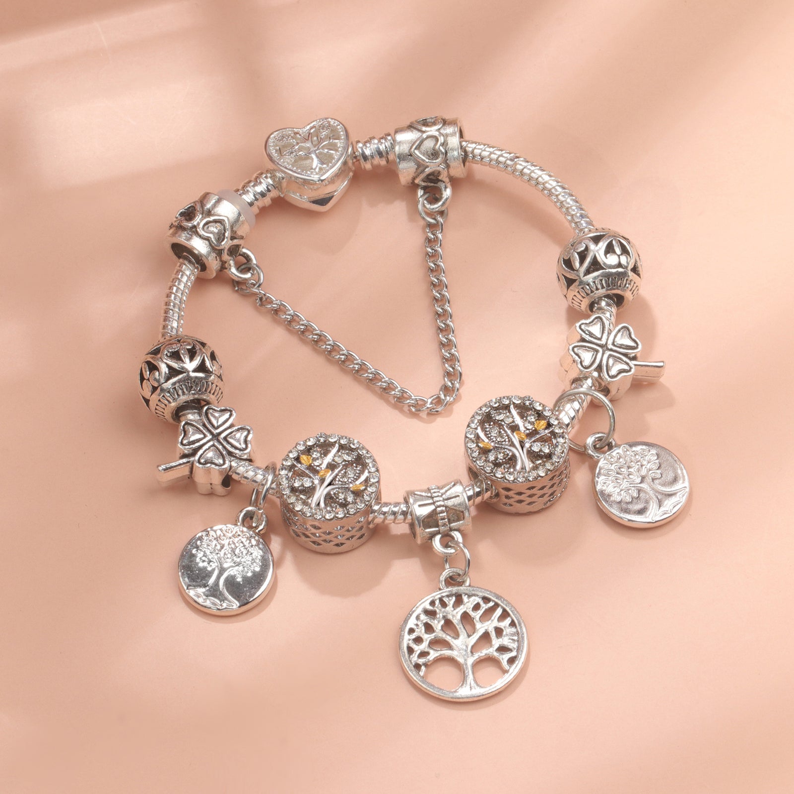 Vintage Silver Tree of Life CZ Four - Leaf Clover Charm Bead DIY Bracelet, Retro Style(19cm)