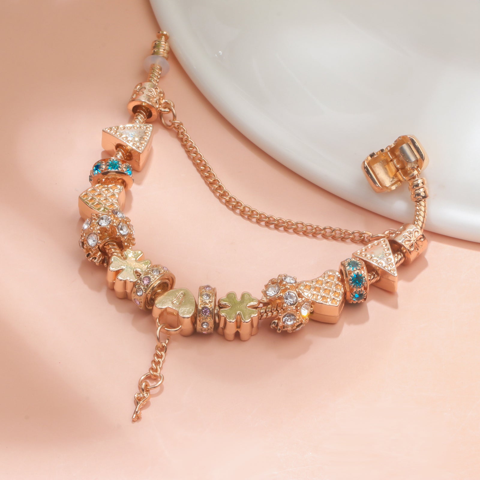 Rose Gold DIY Charm Bracelet with Crystal Heart, Clover & Key Pendant, Romantic Beaded Bracelet(19cm)