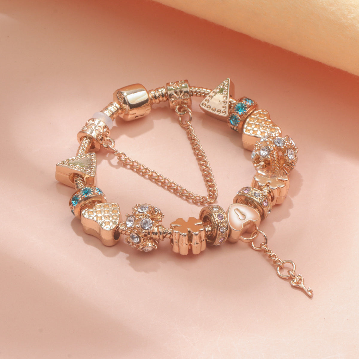 Rose Gold DIY Charm Bracelet with Crystal Heart, Clover & Key Pendant, Romantic Beaded Bracelet(19cm)