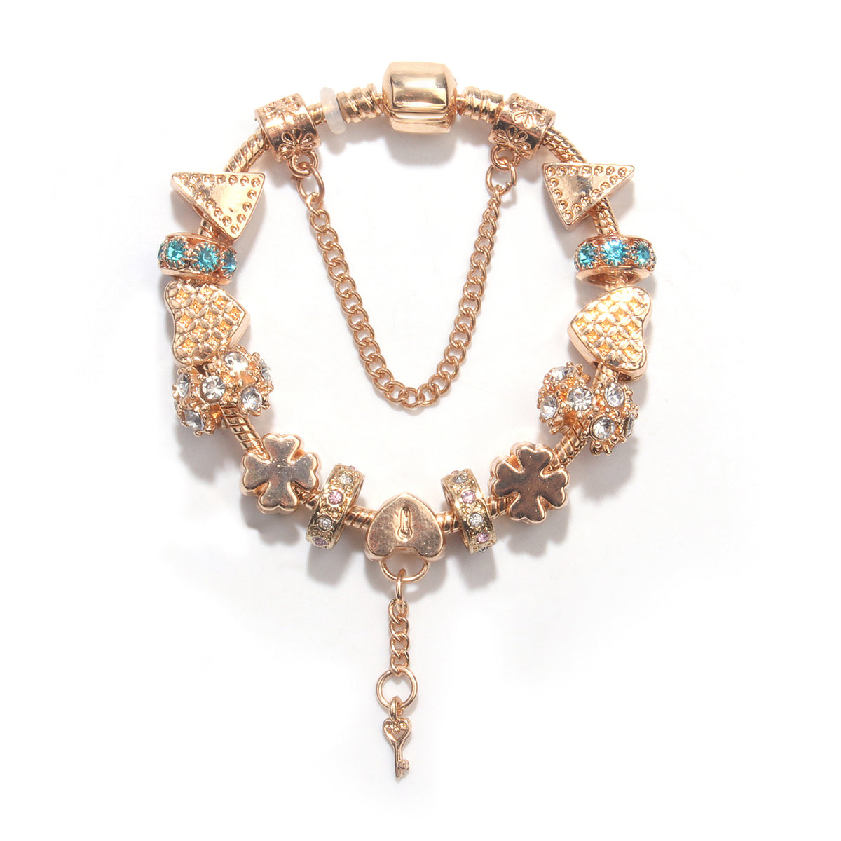 Rose Gold DIY Charm Bracelet with Crystal Heart, Clover &amp; Key Pendant, Romantic Beaded Bracelet(20cm)
