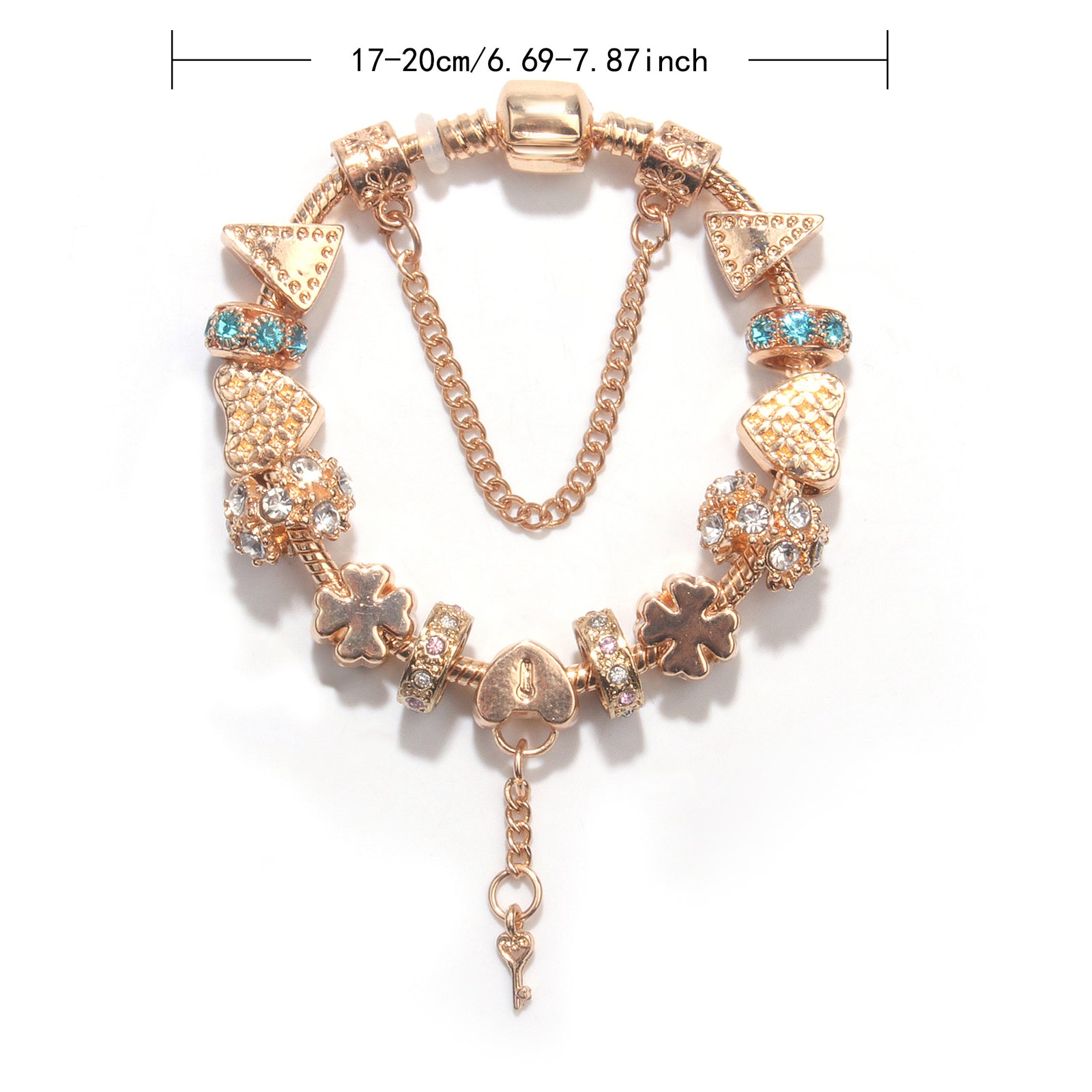 Rose Gold DIY Charm Bracelet with Crystal Heart, Clover & Key Pendant, Romantic Beaded Bracelet(20cm)