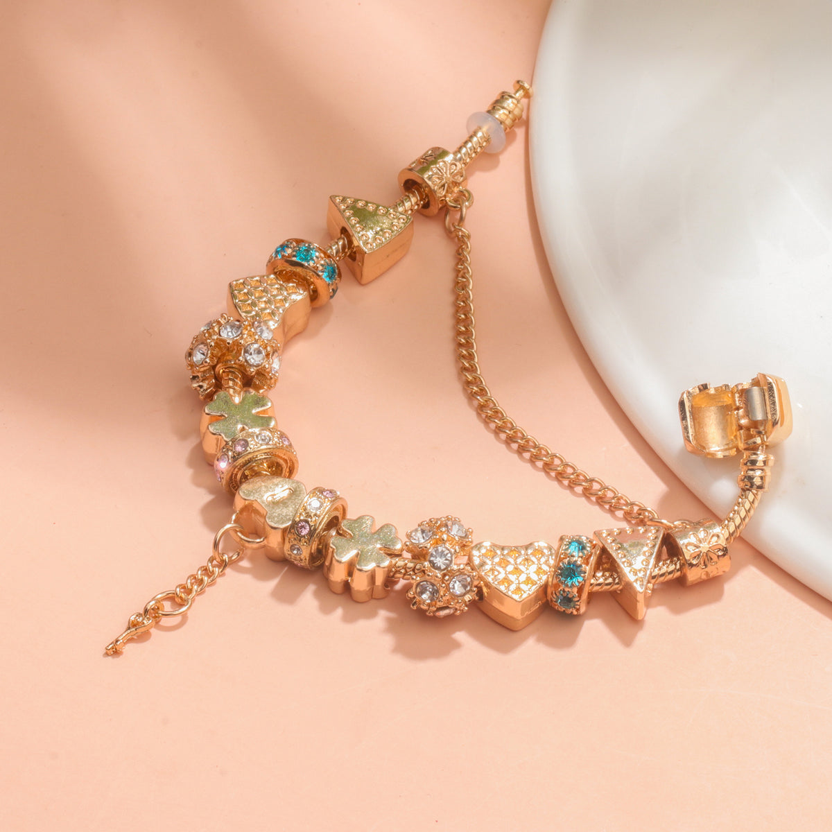 Rose Gold DIY Charm Bracelet with Crystal Heart, Clover & Key Pendant, Romantic Beaded Bracelet(20cm)