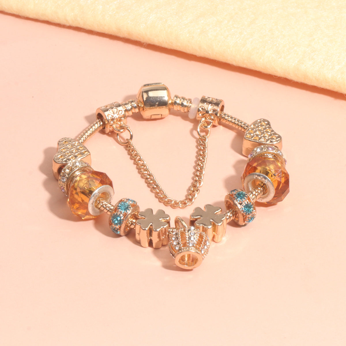 Rhinestone Gold Heart Glass Beaded Bracelet with Crown Pendant(17cm)