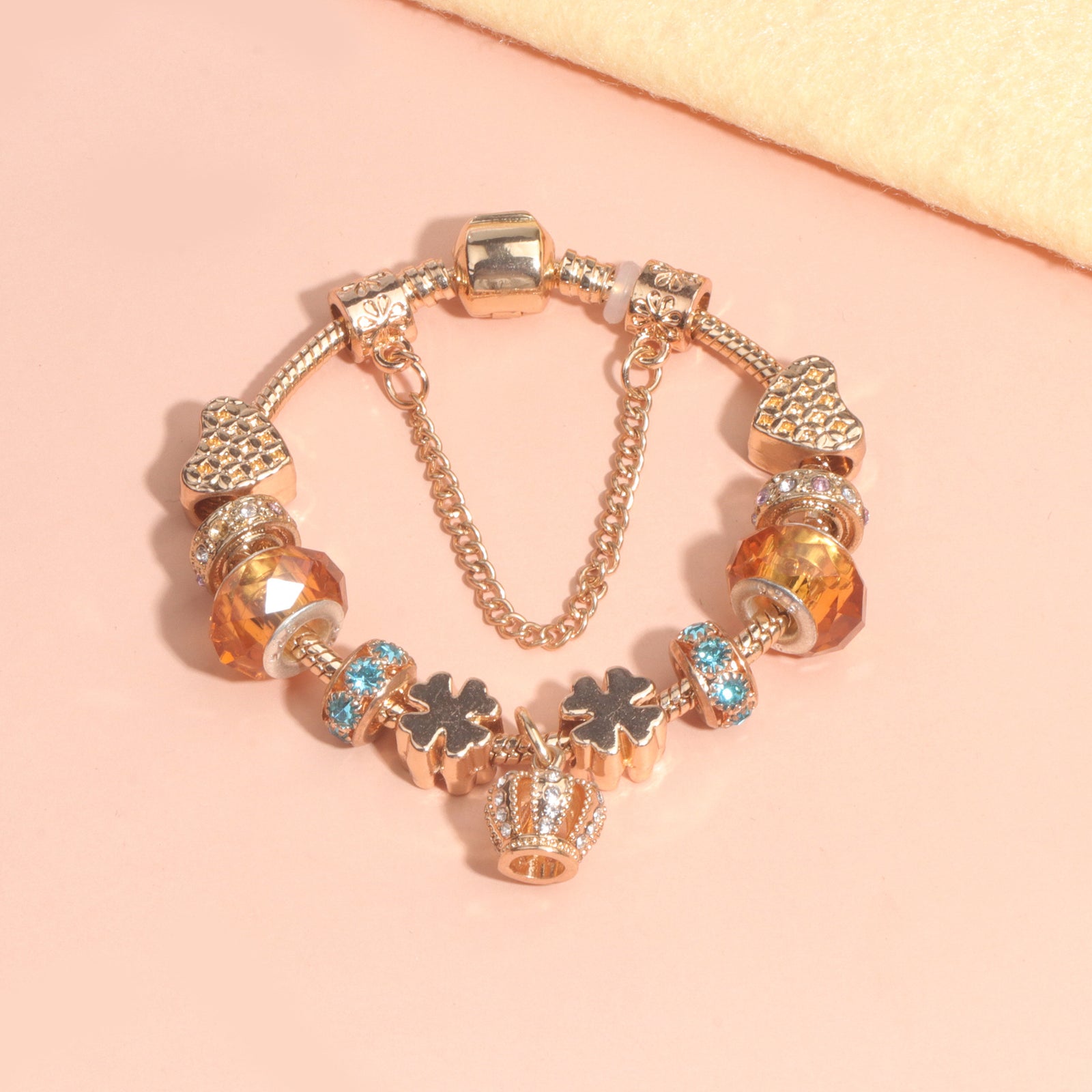Rhinestone Gold Heart Glass Beaded Bracelet with Crown Pendant(17cm)