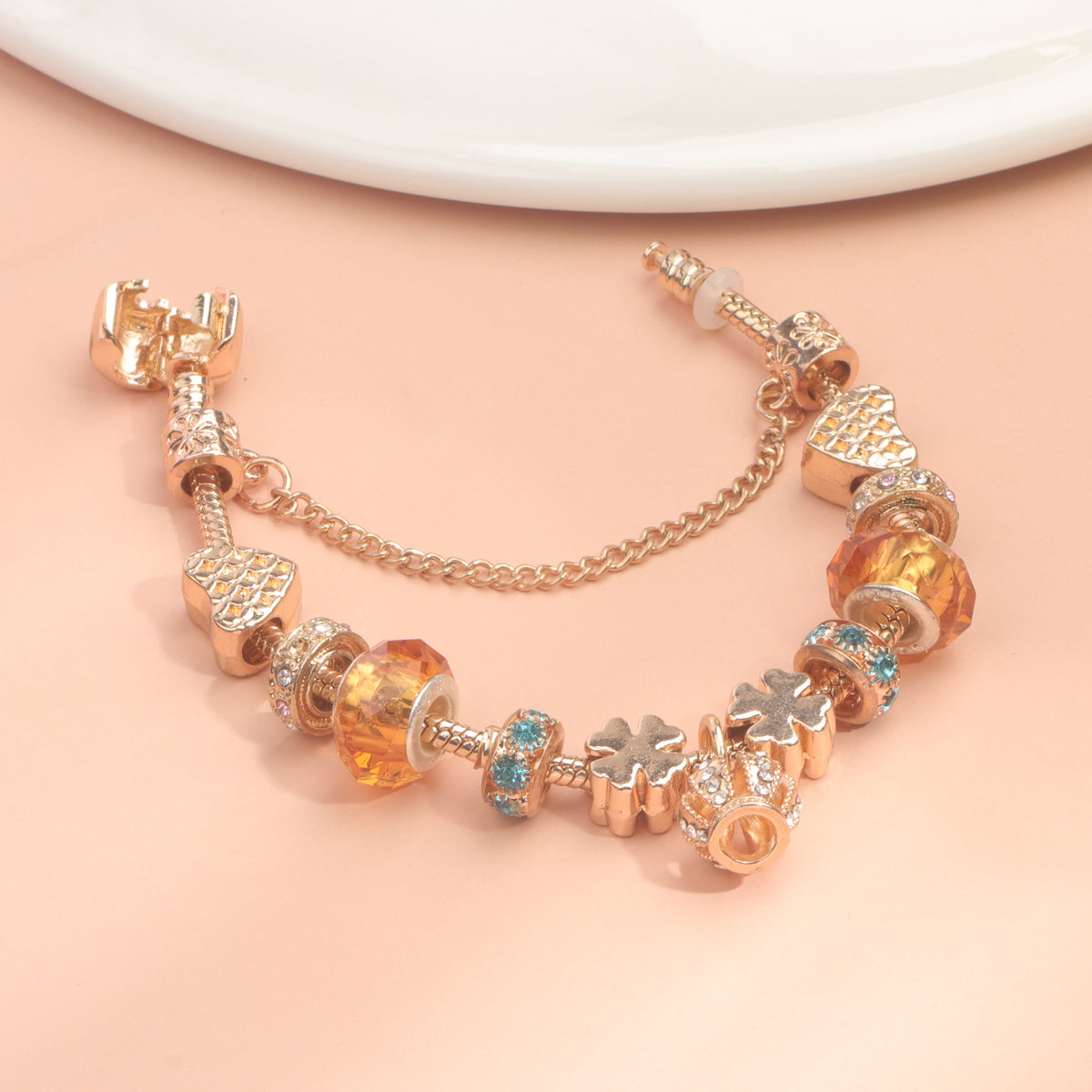 Rhinestone Gold Heart Glass Beaded Bracelet with Crown Pendant(19cm)