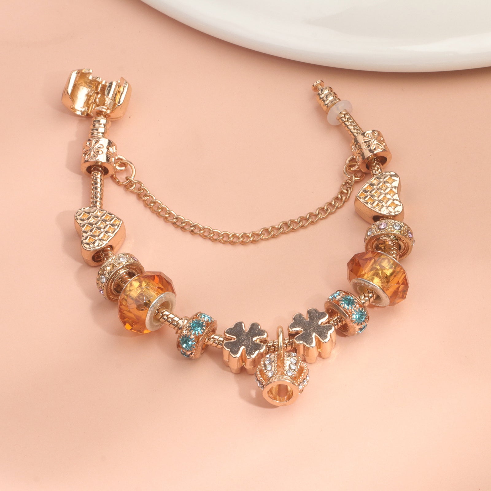 Rhinestone Gold Heart Glass Beaded Bracelet with Crown Pendant(19cm)