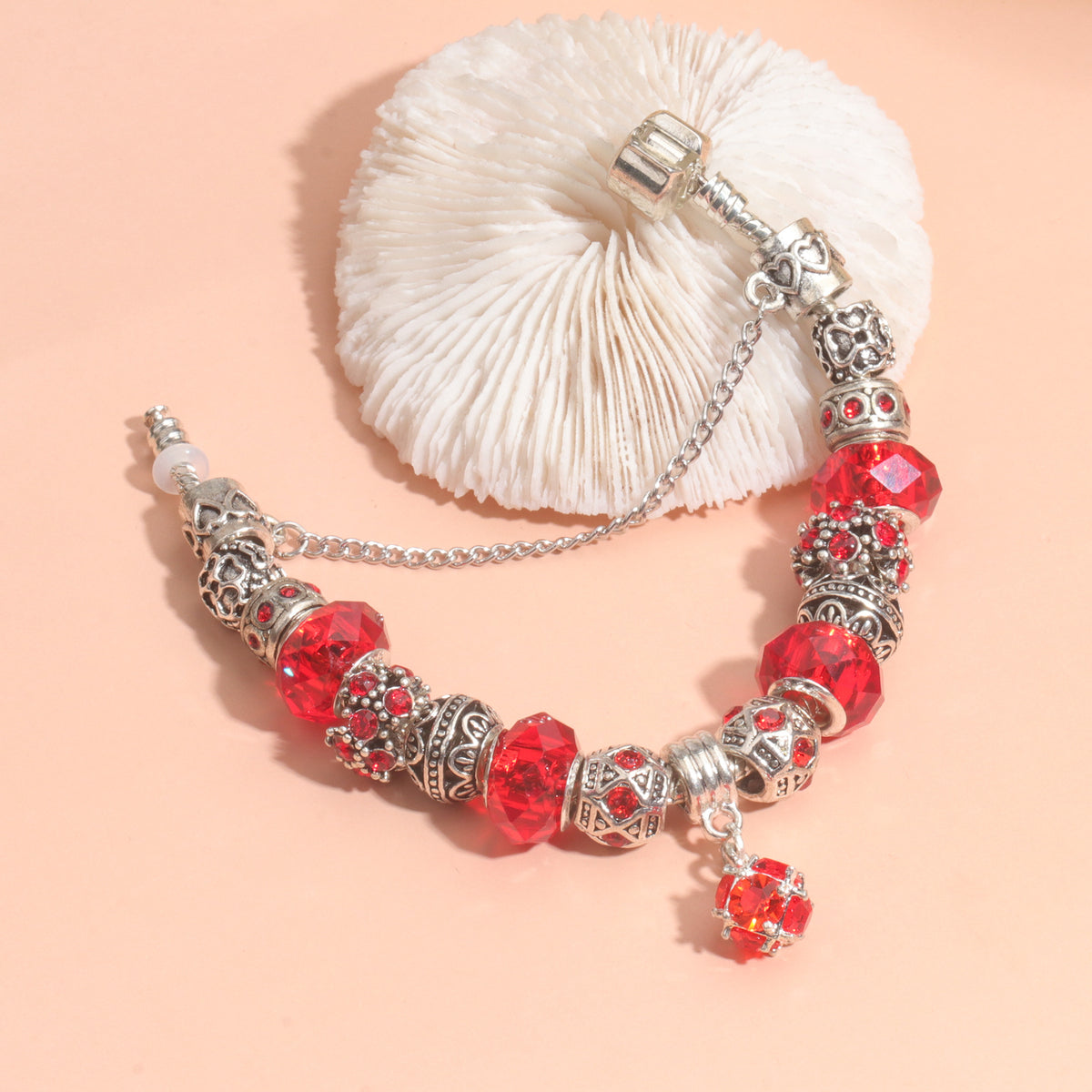 Ethnic Crystal Bead DIY Bracelet Red Alloy Electroplated Big Bead Bracelet(20cm)