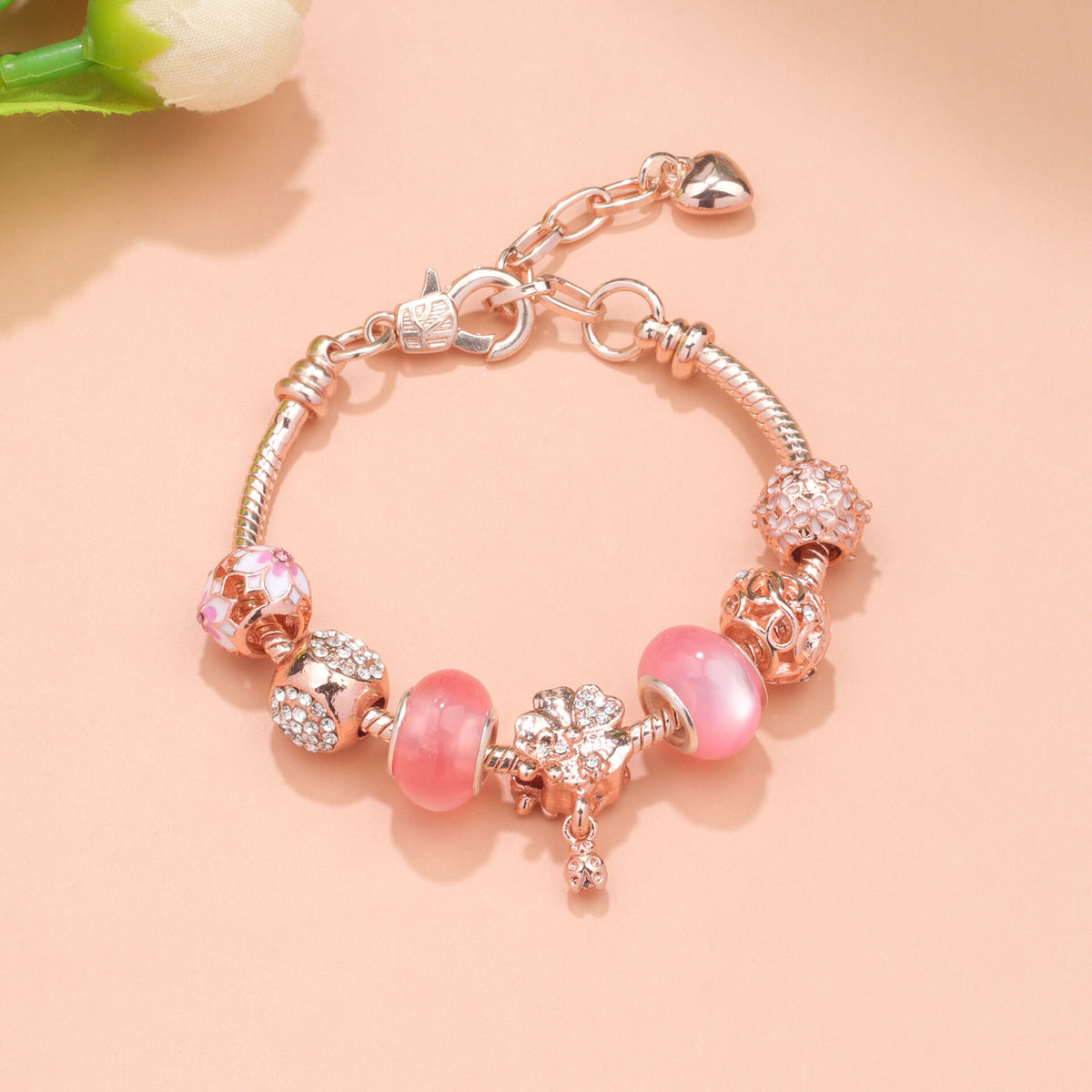 Rose Gold Beaded Bracelet with Floral &amp; Zircon Accents(16cm)