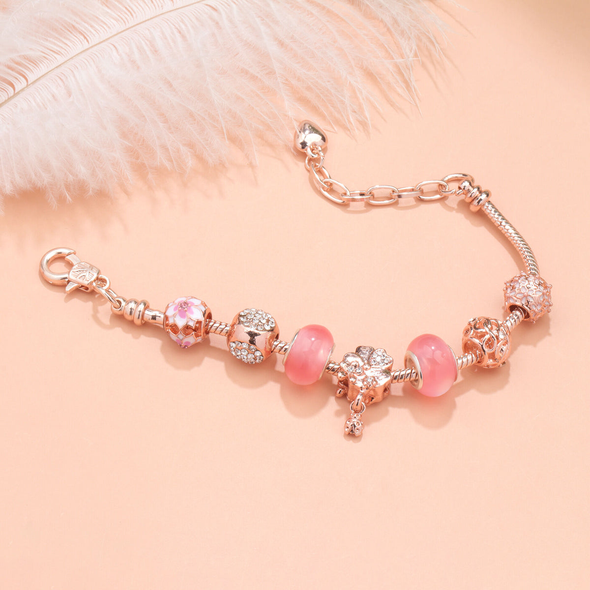Rose Gold Beaded Bracelet with Floral & Zircon Accents(16cm)