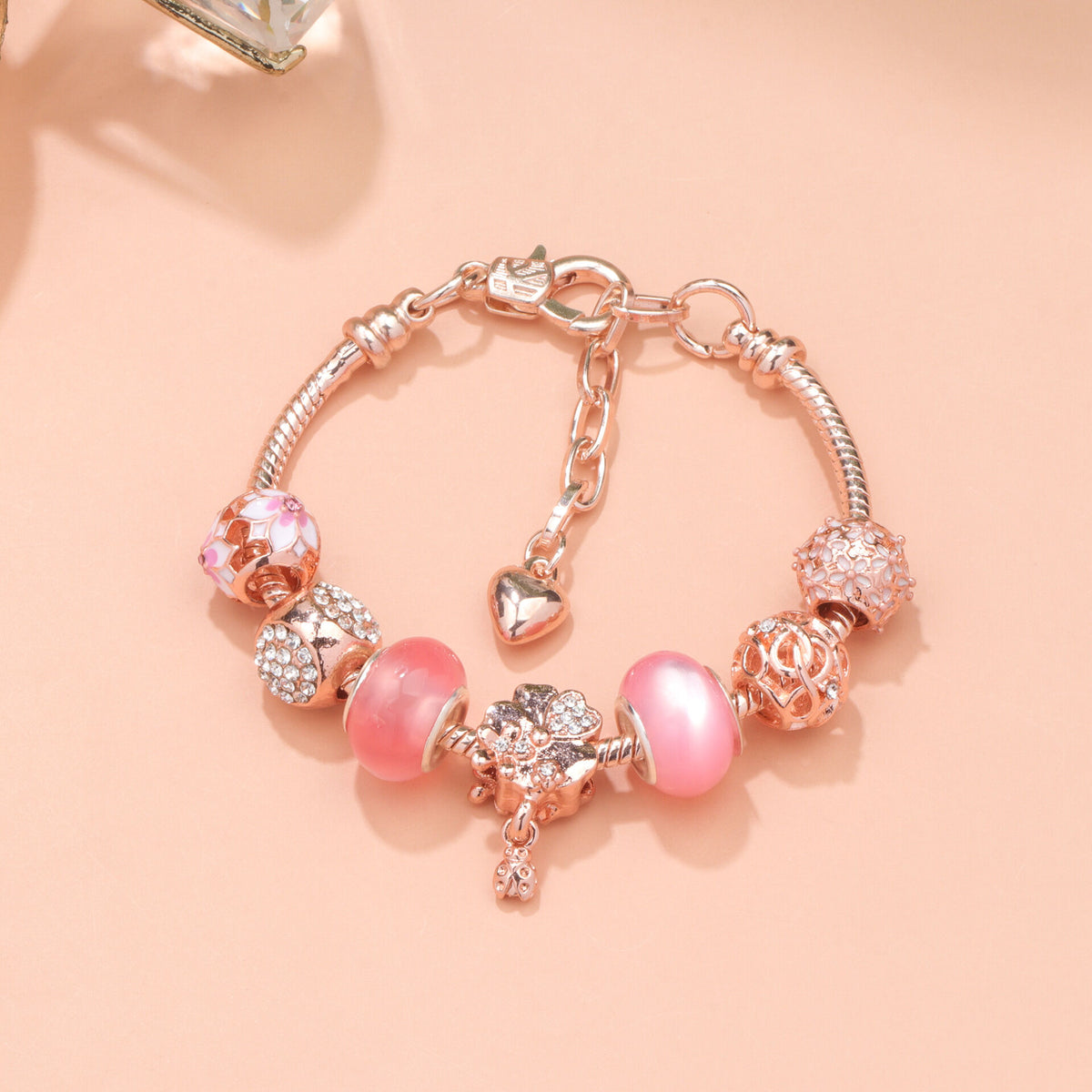 Rose Gold Beaded Bracelet with Floral &amp; Zircon Accents(19cm)