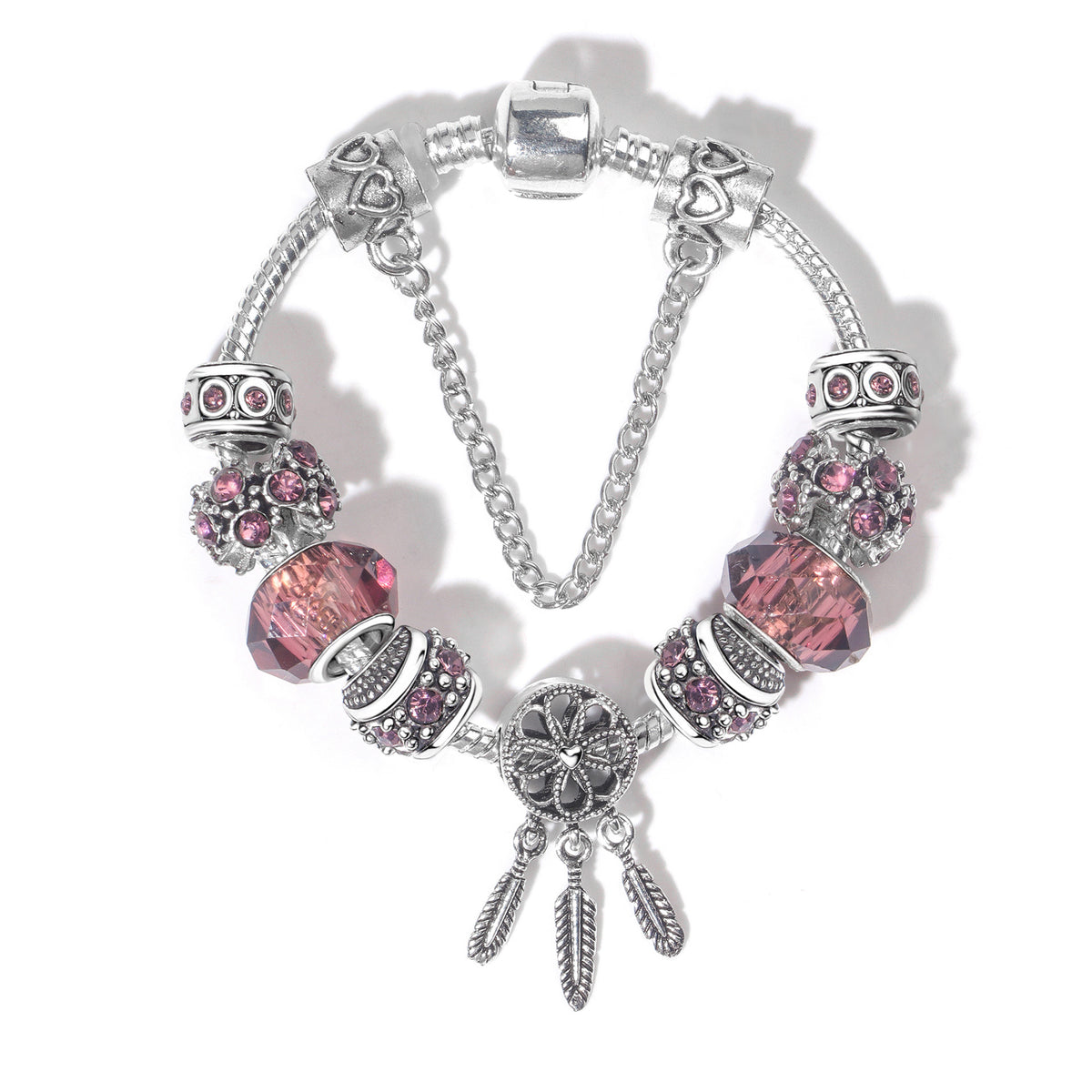 Rose Red Rhinestone Big Hole Beaded Bracelet, Alloy Electroplated(17cm)