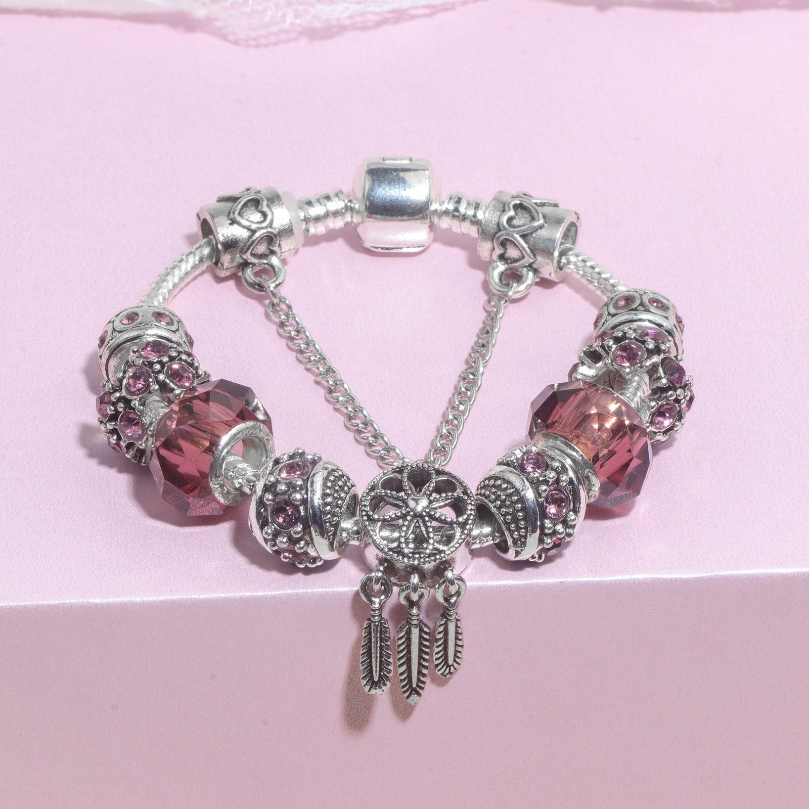 Rose Red Rhinestone Big Hole Beaded Bracelet, Alloy Electroplated(18cm)