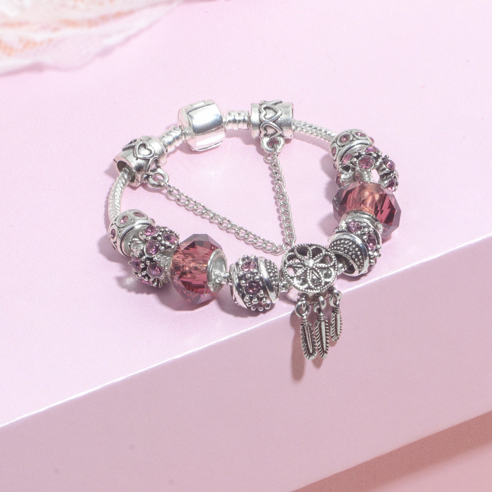 Rose Red Rhinestone Big Hole Beaded Bracelet, Alloy Electroplated(19cm)