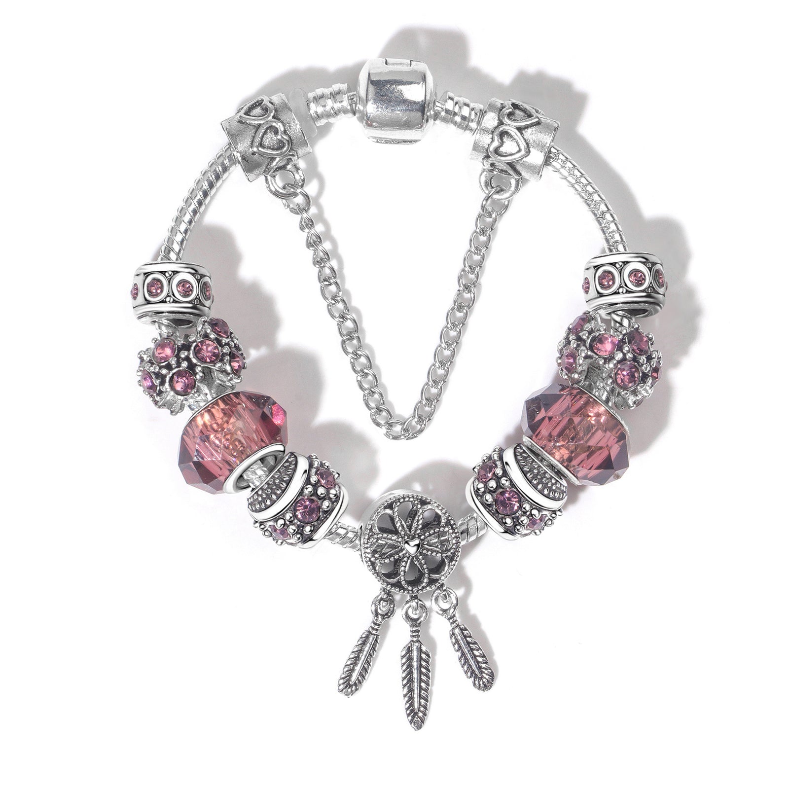 Rose Red Rhinestone Big Hole Beaded Bracelet, Alloy Electroplated(20cm)