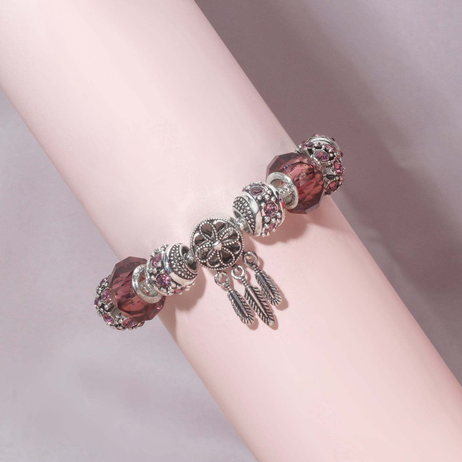 Rose Red Rhinestone Big Hole Beaded Bracelet, Alloy Electroplated(20cm)