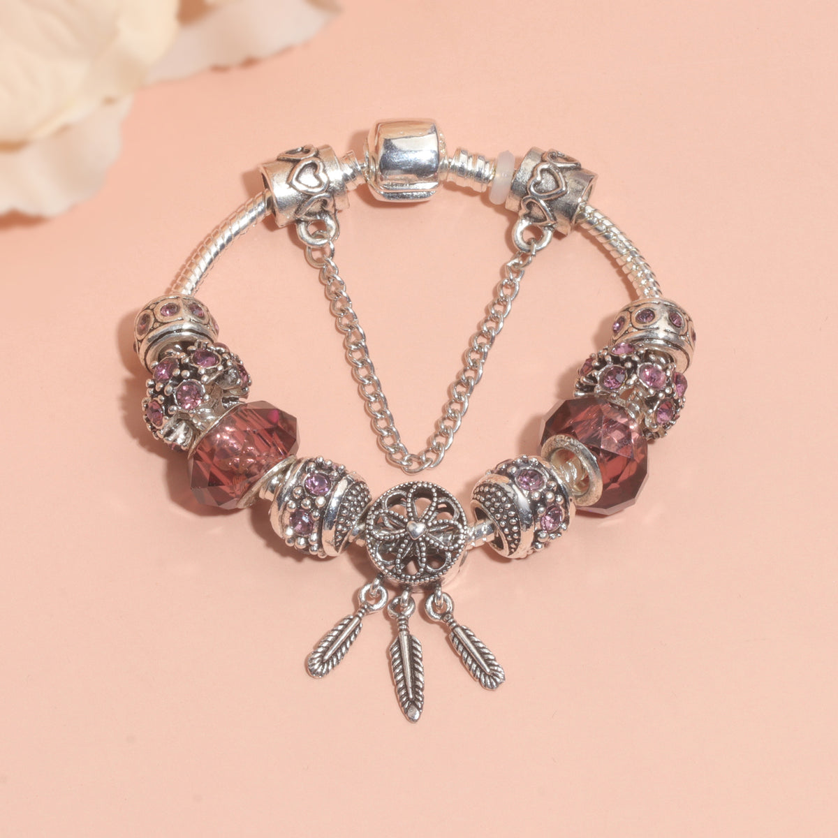 Rose Red Rhinestone Big Hole Beaded Bracelet, Alloy Electroplated(20cm)