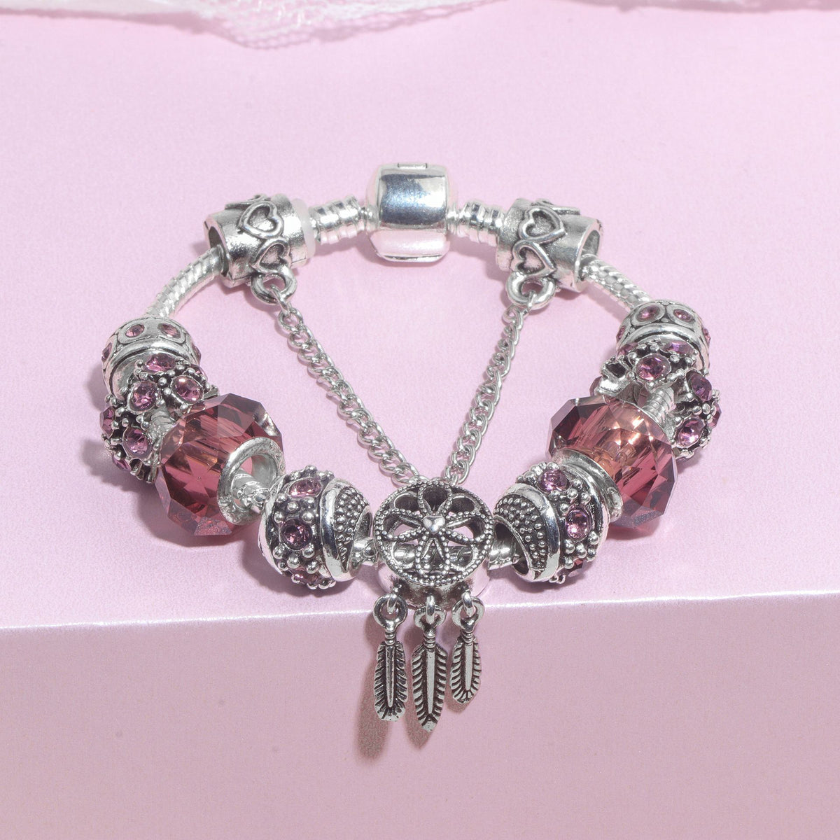 Rose Red Rhinestone Big Hole Beaded Bracelet, Alloy Electroplated(20cm)