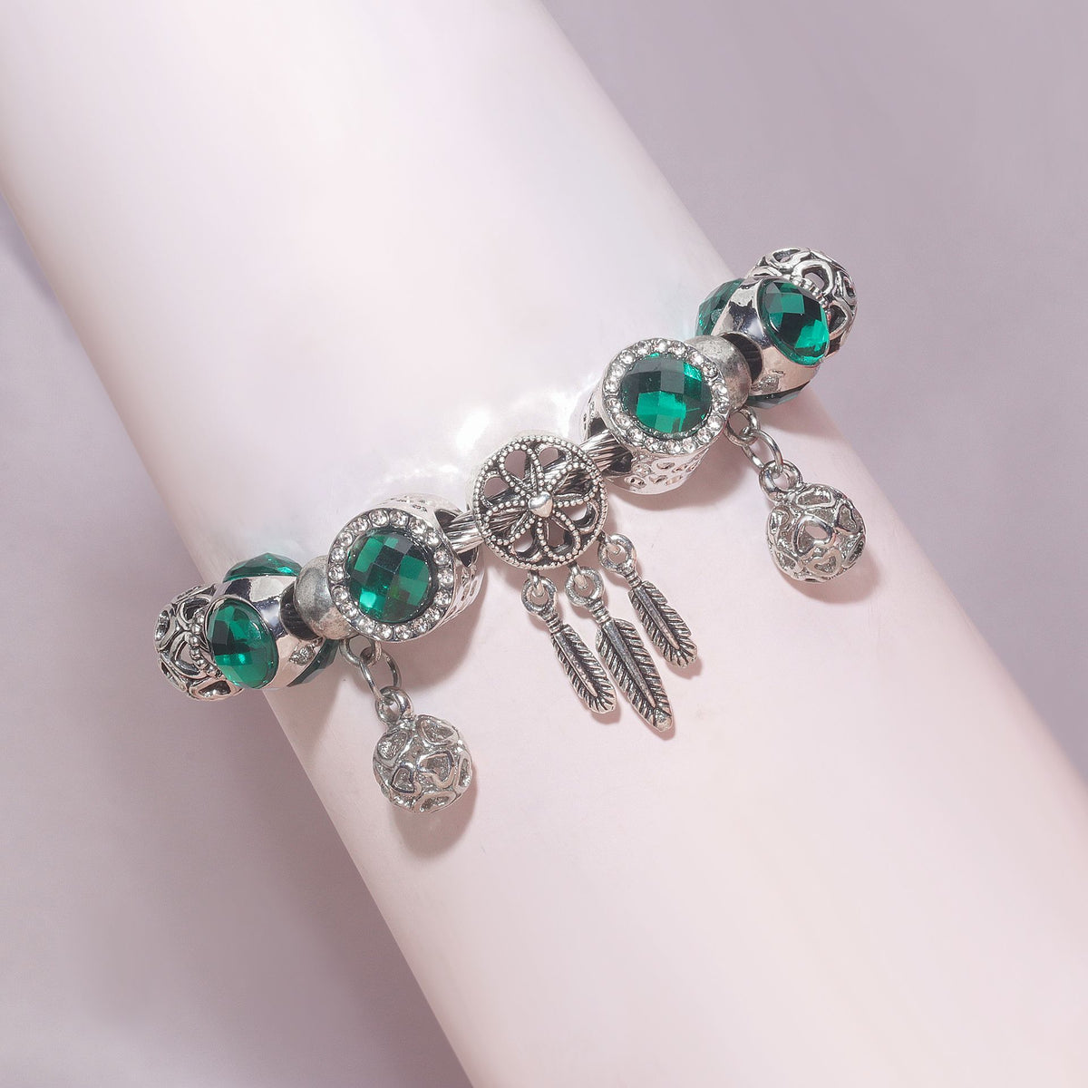 Luxury Light Green Emerald Crystal Hollow Heart Beaded DIY Bracelet(18cm)