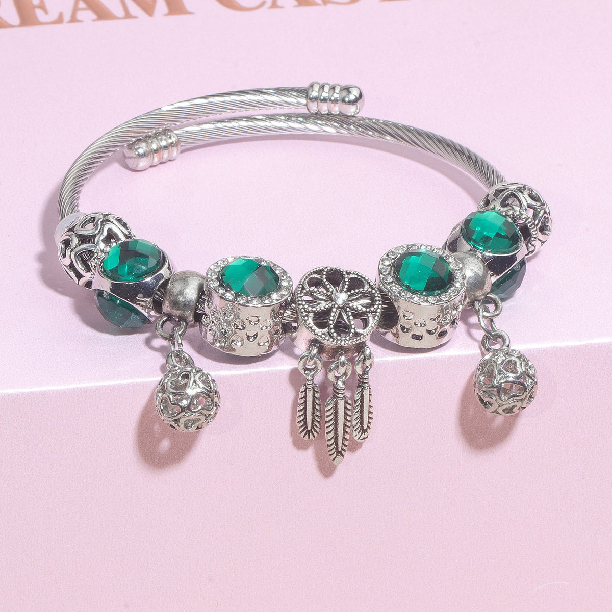 Luxury Light Green Emerald Crystal Hollow Heart Beaded DIY Bracelet(18cm)