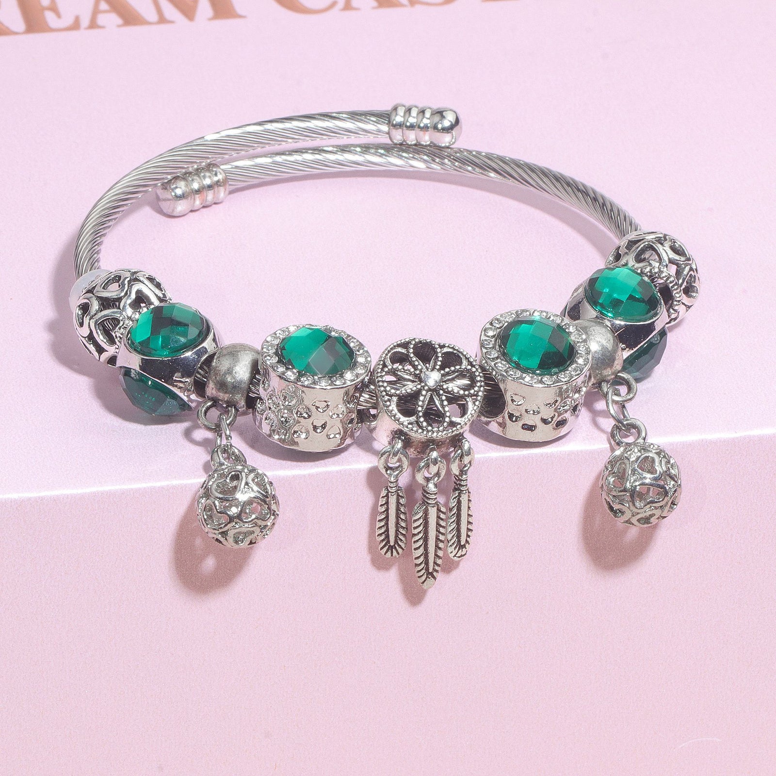 Luxury Light Green Emerald Crystal Hollow Heart Beaded DIY Bracelet(18cm)