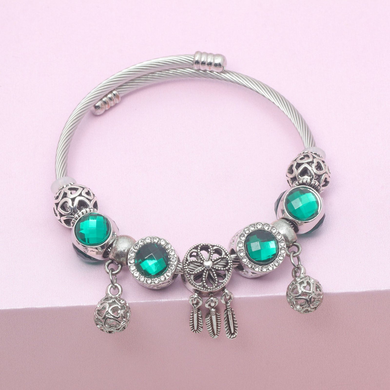 Luxury Light Green Emerald Crystal Hollow Heart Beaded DIY Bracelet(18cm)