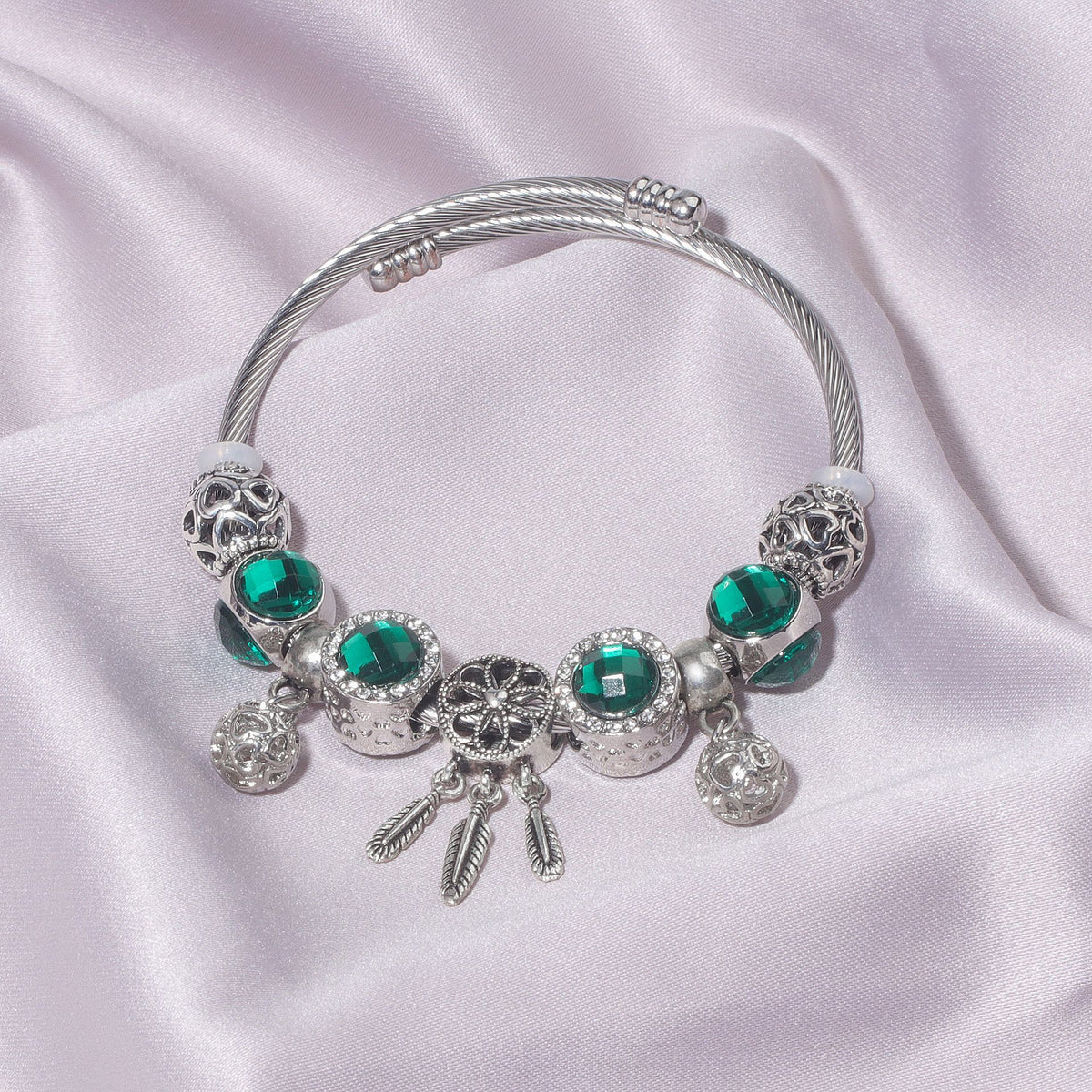 Luxury Light Green Emerald Crystal Hollow Heart Beaded DIY Bracelet(18cm)