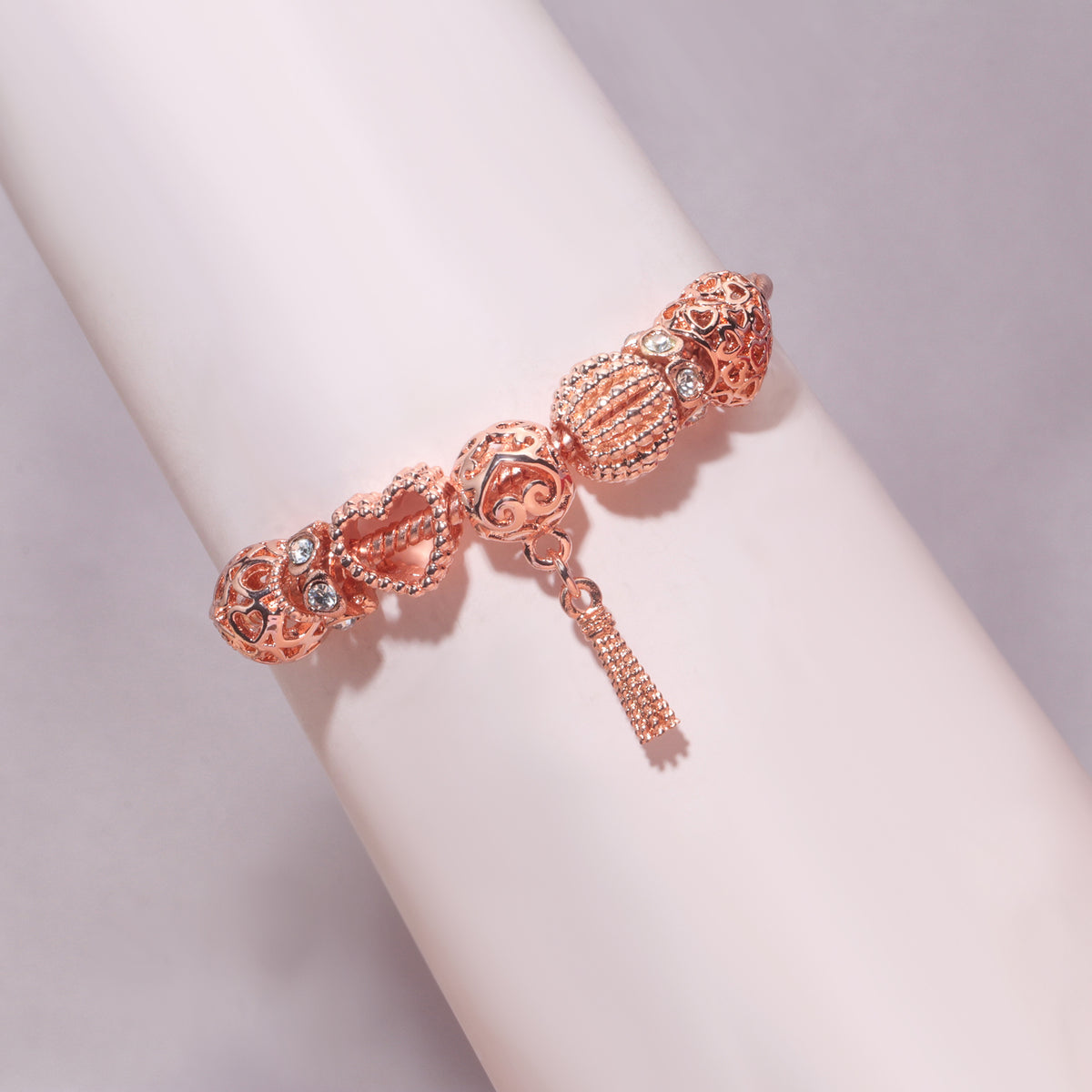 Rose Gold Hollow Carved Heart Bead Tassel Bracelet(18cm)