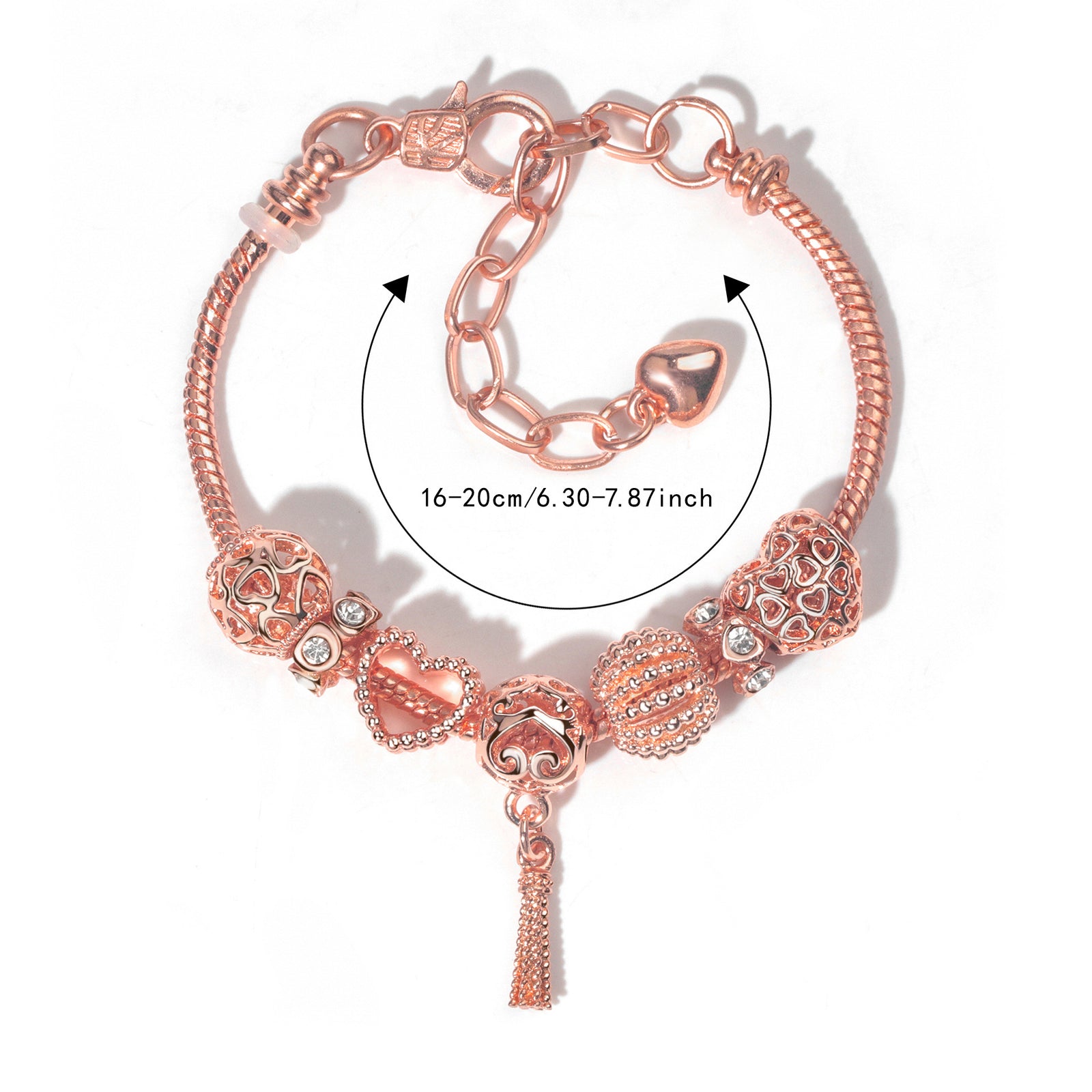Rose Gold Hollow Carved Heart Bead Tassel Bracelet(19cm)