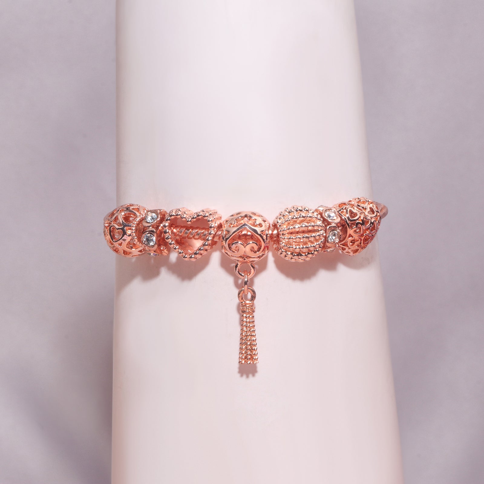 Rose Gold Hollow Carved Heart Bead Tassel Bracelet(19cm)