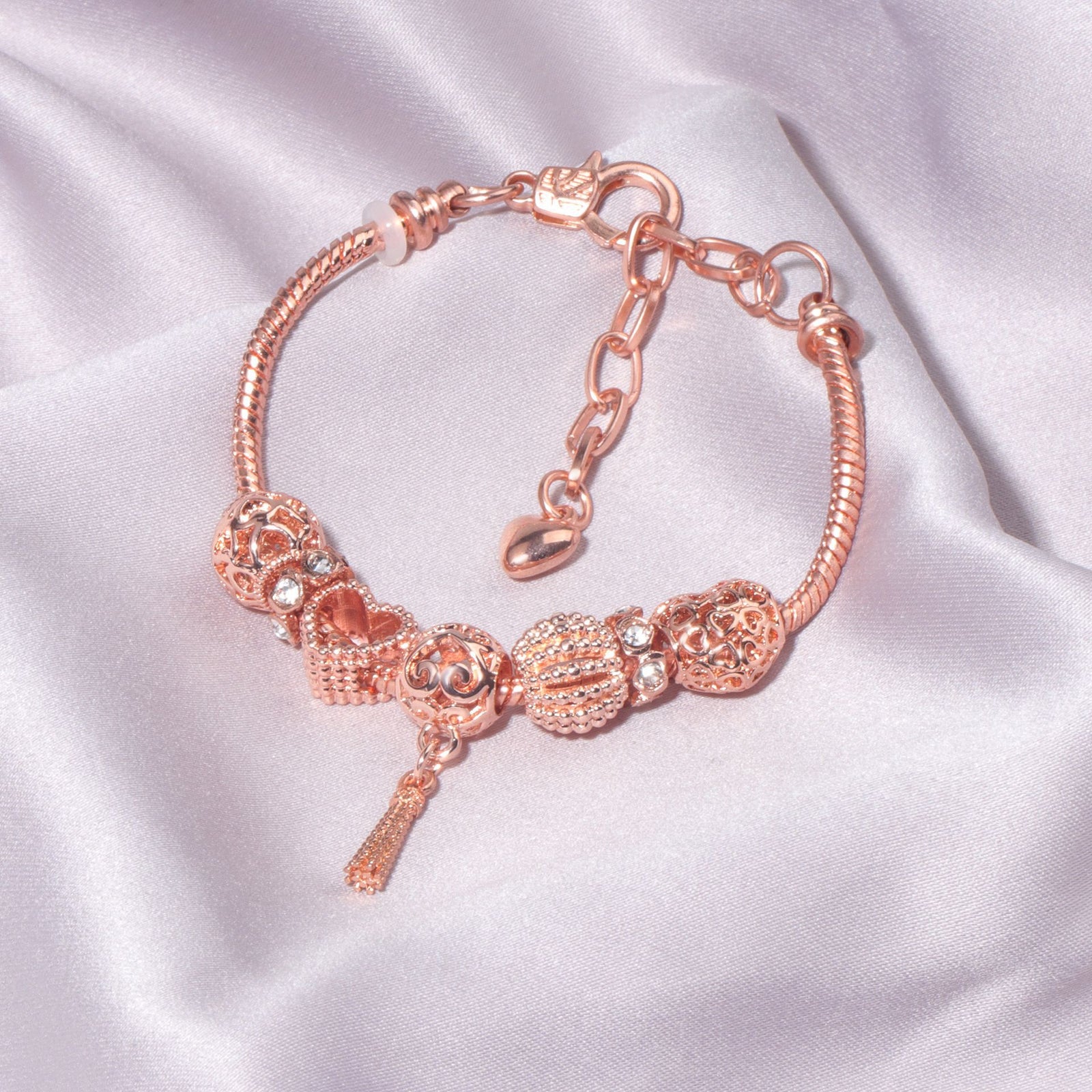 Rose Gold Hollow Carved Heart Bead Tassel Bracelet(19cm)