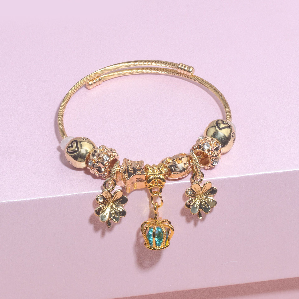 Vintage Love Flower Star Charm Beaded Crown Pendant DIY Open Bangle(18cm)