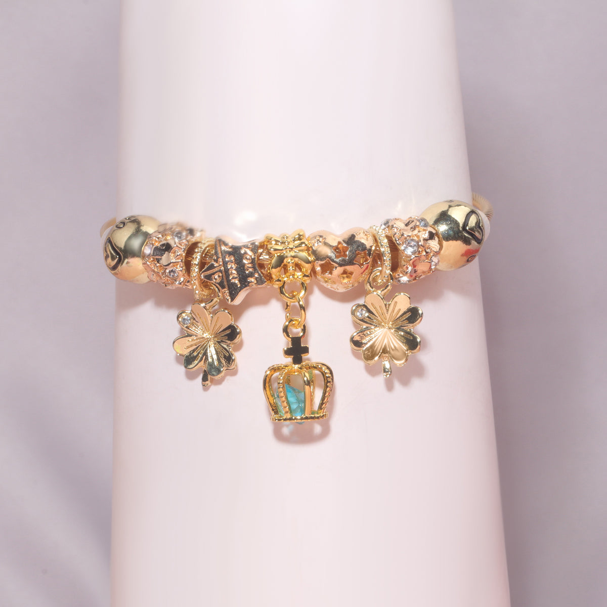 Vintage Love Flower Star Charm Beaded Crown Pendant DIY Open Bangle(18cm)