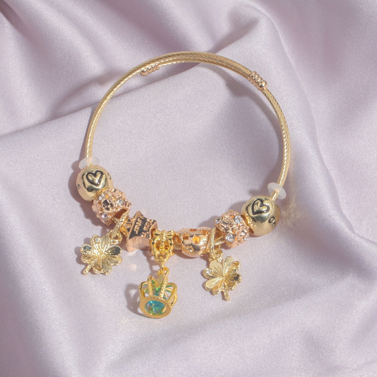 Vintage Love Flower Star Charm Beaded Crown Pendant DIY Open Bangle(18cm)