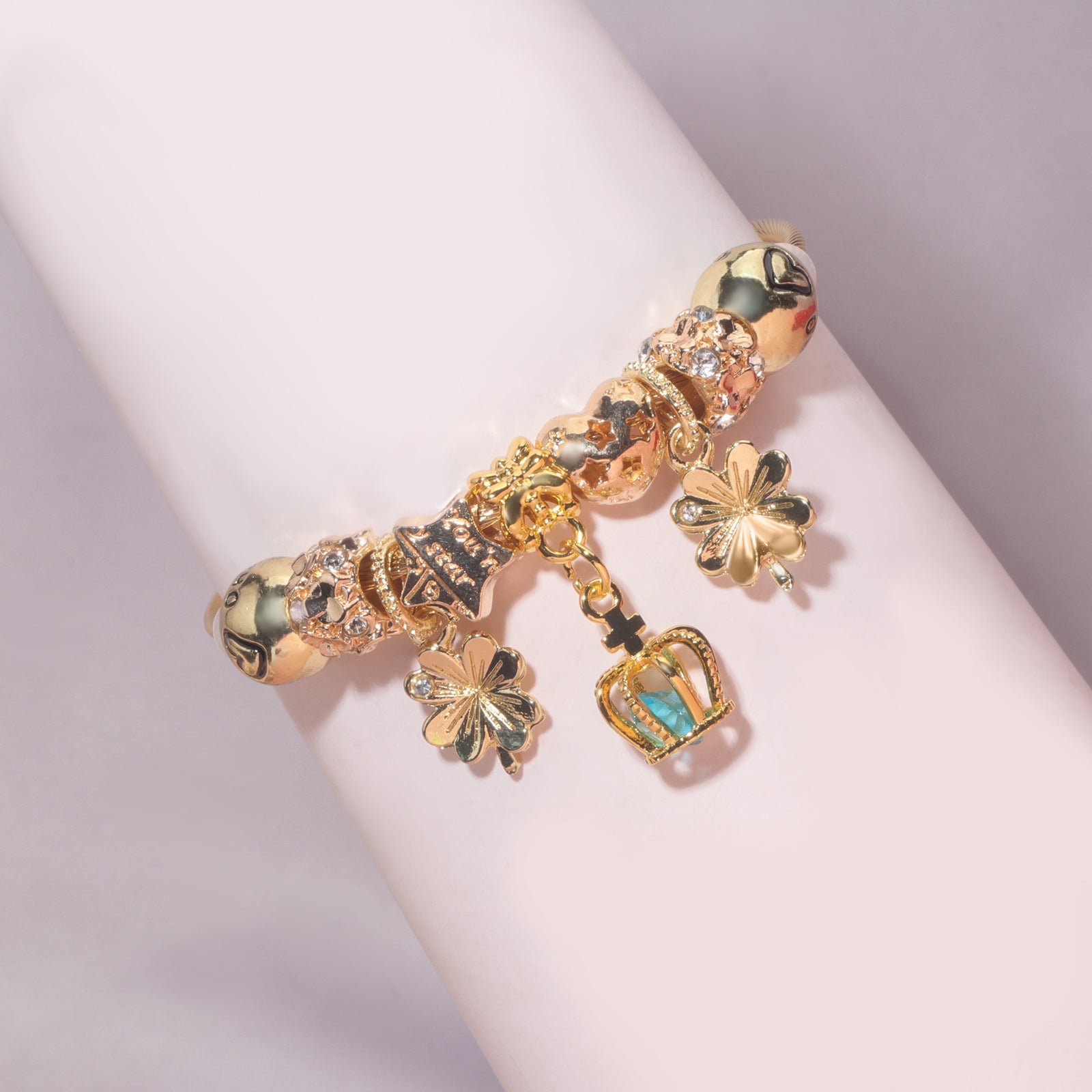 Vintage Love Flower Star Charm Beaded Crown Pendant DIY Open Bangle(18cm)