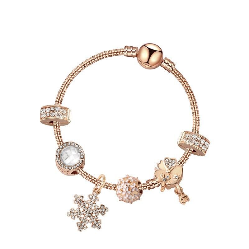 Rose Gold Charm Bracelet with Crystal Snowflake, Flower &amp; Heart Pendants – Sparkling Zircon Beaded(19cm)