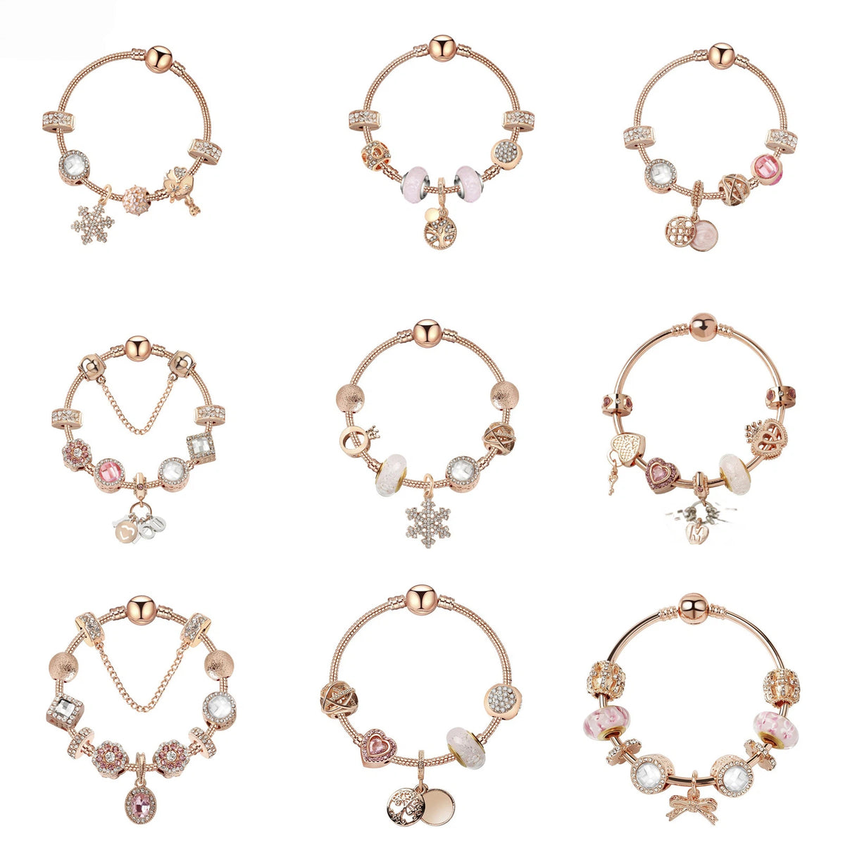 Rose Gold Charm Bracelet with Zircon, Flower & Letter Pendants, Colorful Beads(17cm)