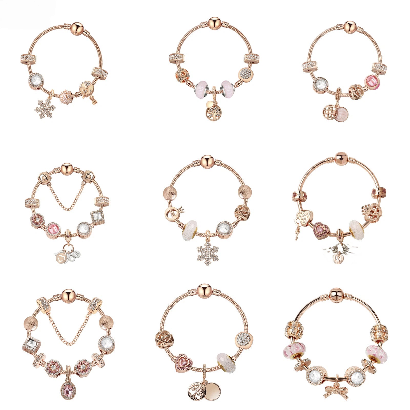 Rose Gold Charm Bracelet with Zircon, Flower & Letter Pendants, Colorful Beads(17cm)