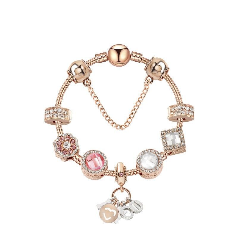 Rose Gold Charm Bracelet with Zircon, Flower &amp; Letter Pendants, Colorful Beads(19cm)