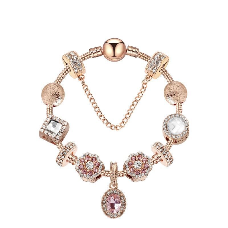 Vintage Gold Bracelet with Crystal, Zircon & Floral Beads, Oval Zircon Pendant(18cm)