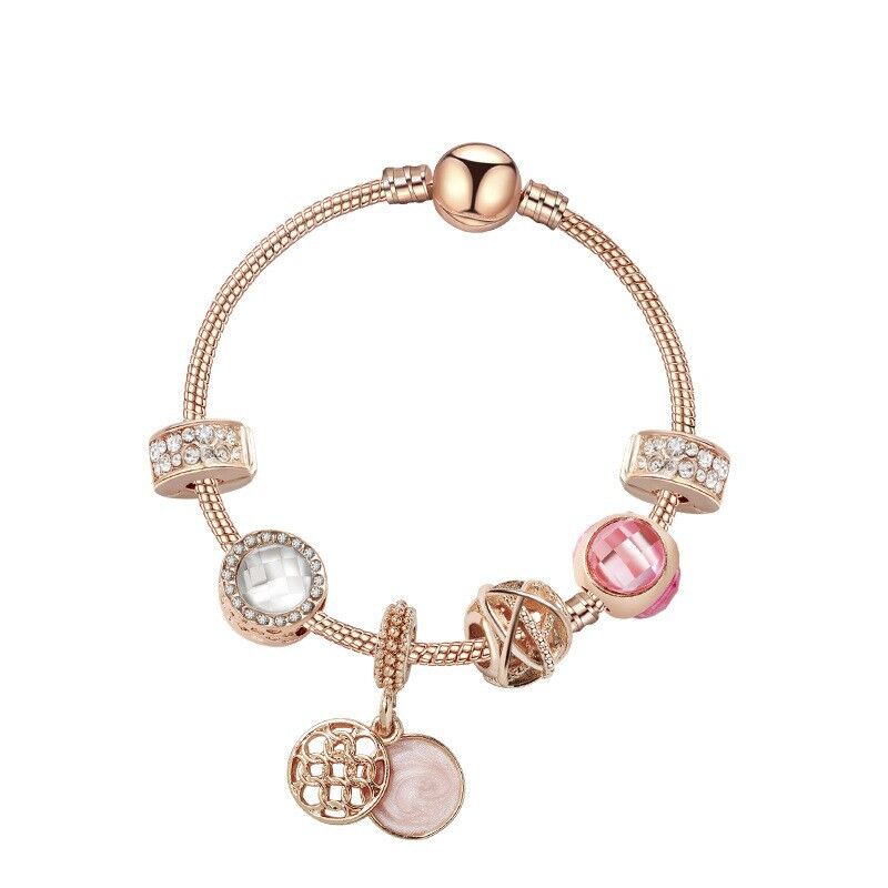 Glamorous Gold Bracelet with Rhinestones, Colorful Cubic Zirconia, Hollow Beads &amp; Double-Disc Pendant(21cm)