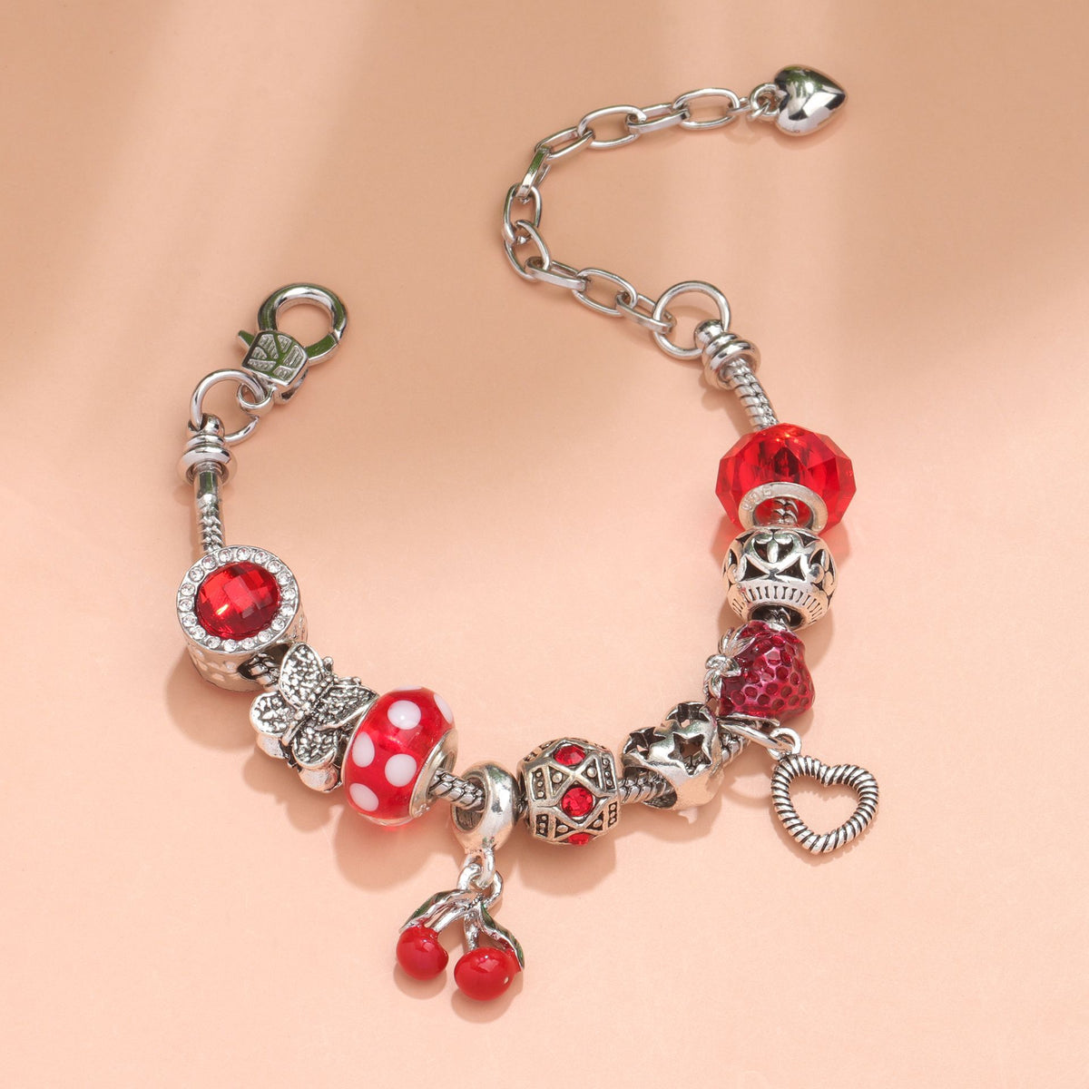 Charm Bracelet with Butterfly &amp; Crystal Heart, Zinc Alloy(red,16cm)