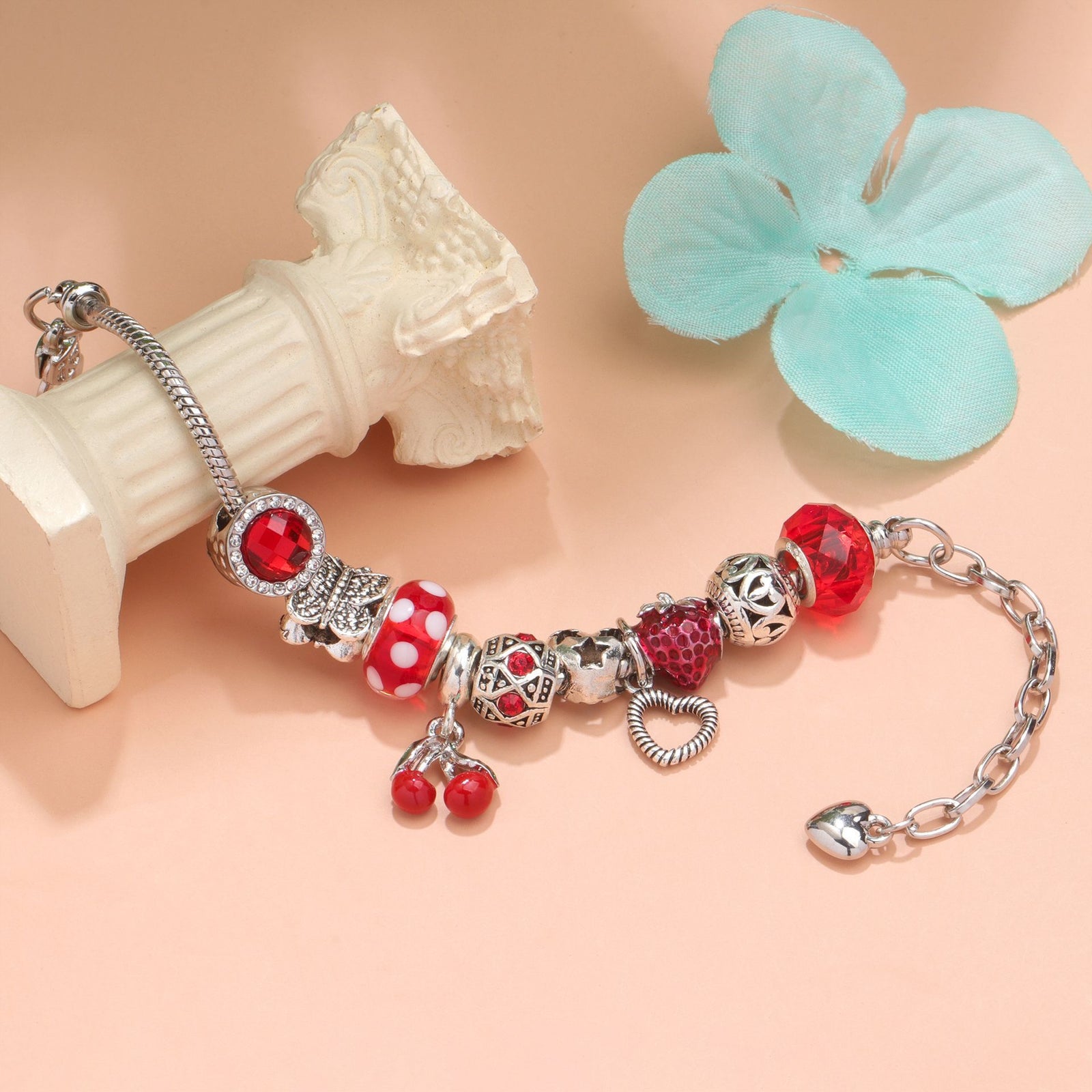 Charm Bracelet with Butterfly & Crystal Heart, Zinc Alloy(red,16cm)