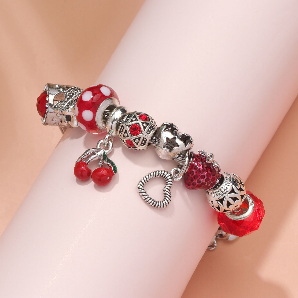 Charm Bracelet with Butterfly &amp; Crystal Heart, Zinc Alloy(red,17cm)